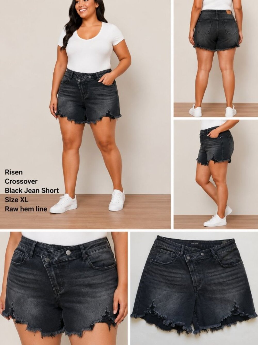 Risen Black Crossover Fly Raw Hem Denim Shorts Size XL Casual Summer Beach